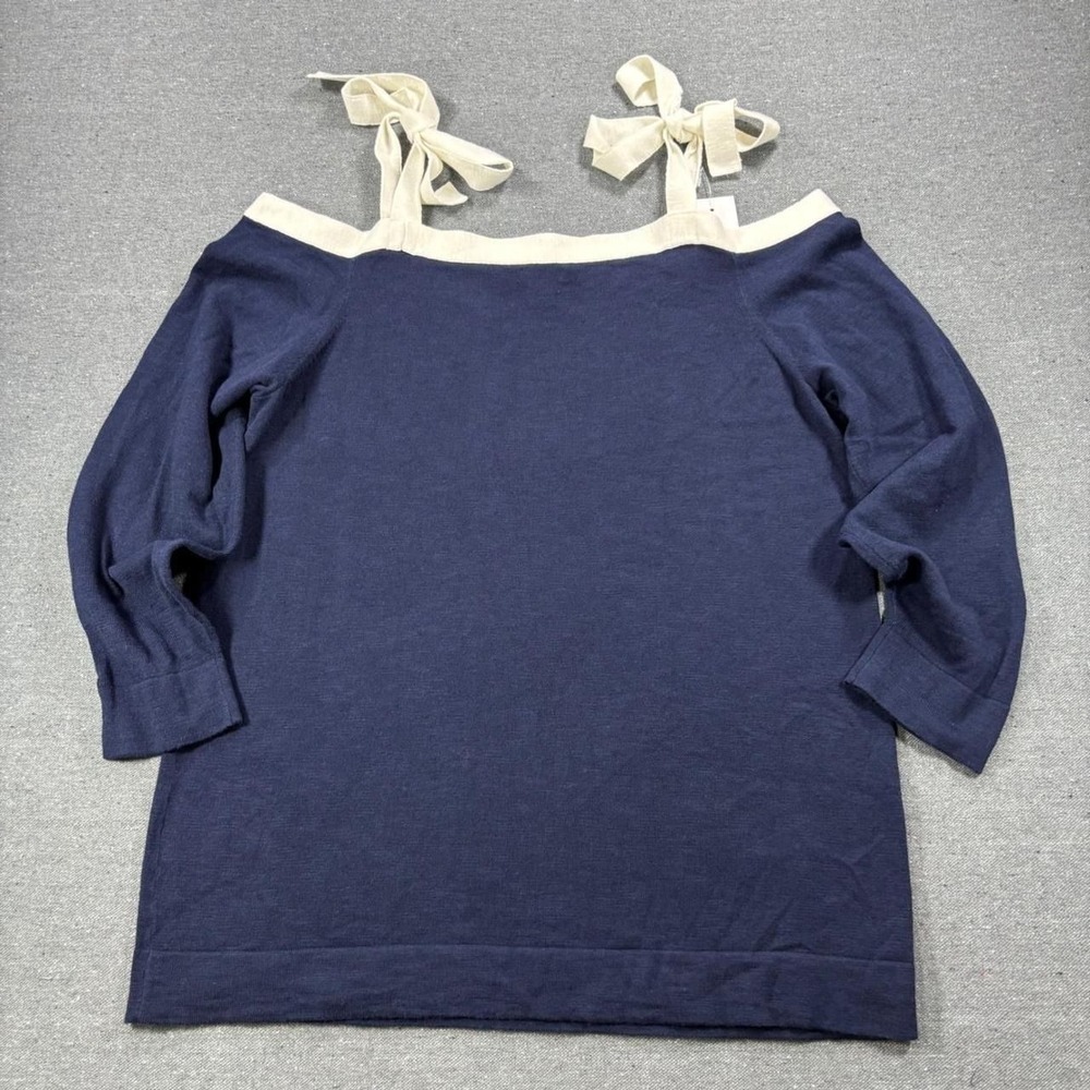 J.Crew Off The Shoulder Tie Sweater Womens XL Navy Blue NWT Knit Pullover Top - Picture 2 of 4